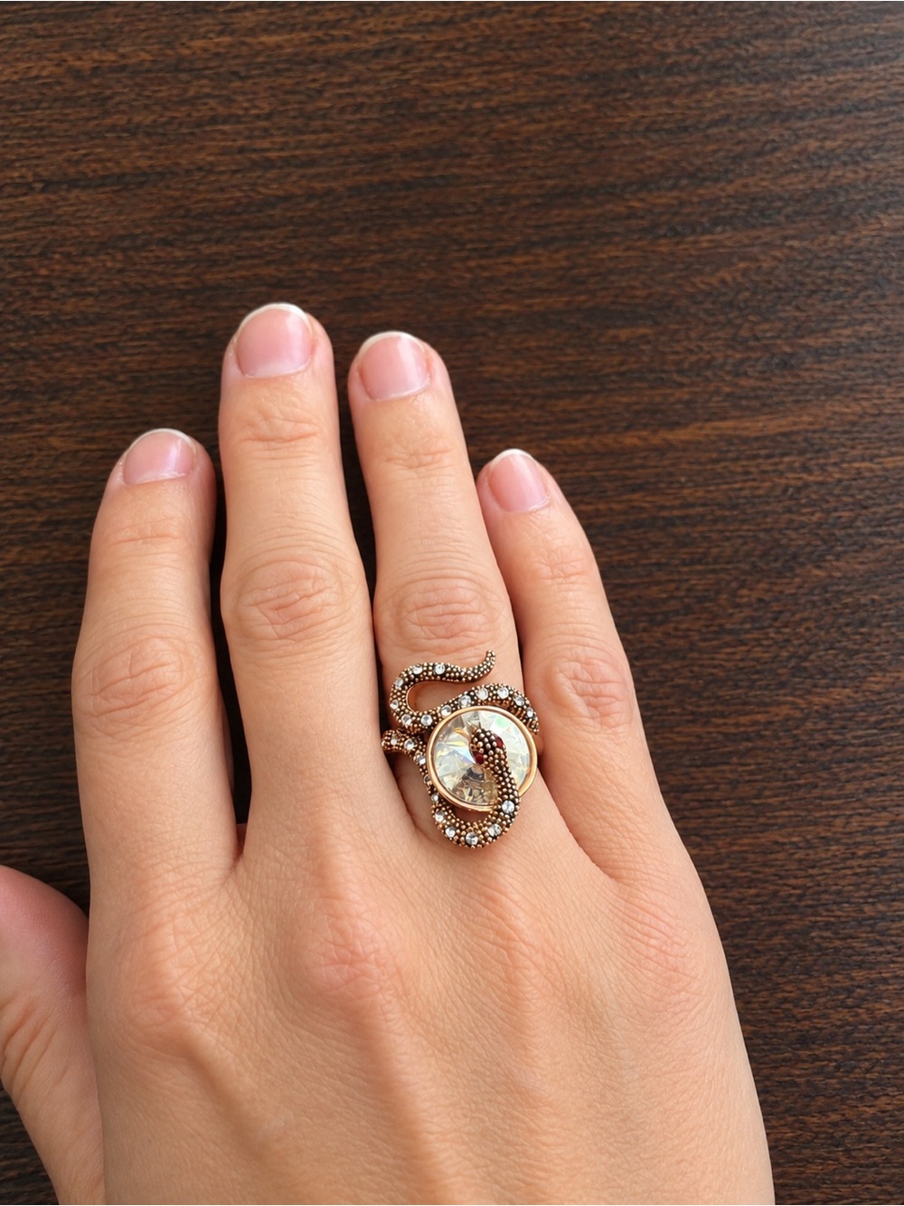 Statement Snake Ring Rose Gold Tone Clear Crystal Rhinestones Size 7.75
